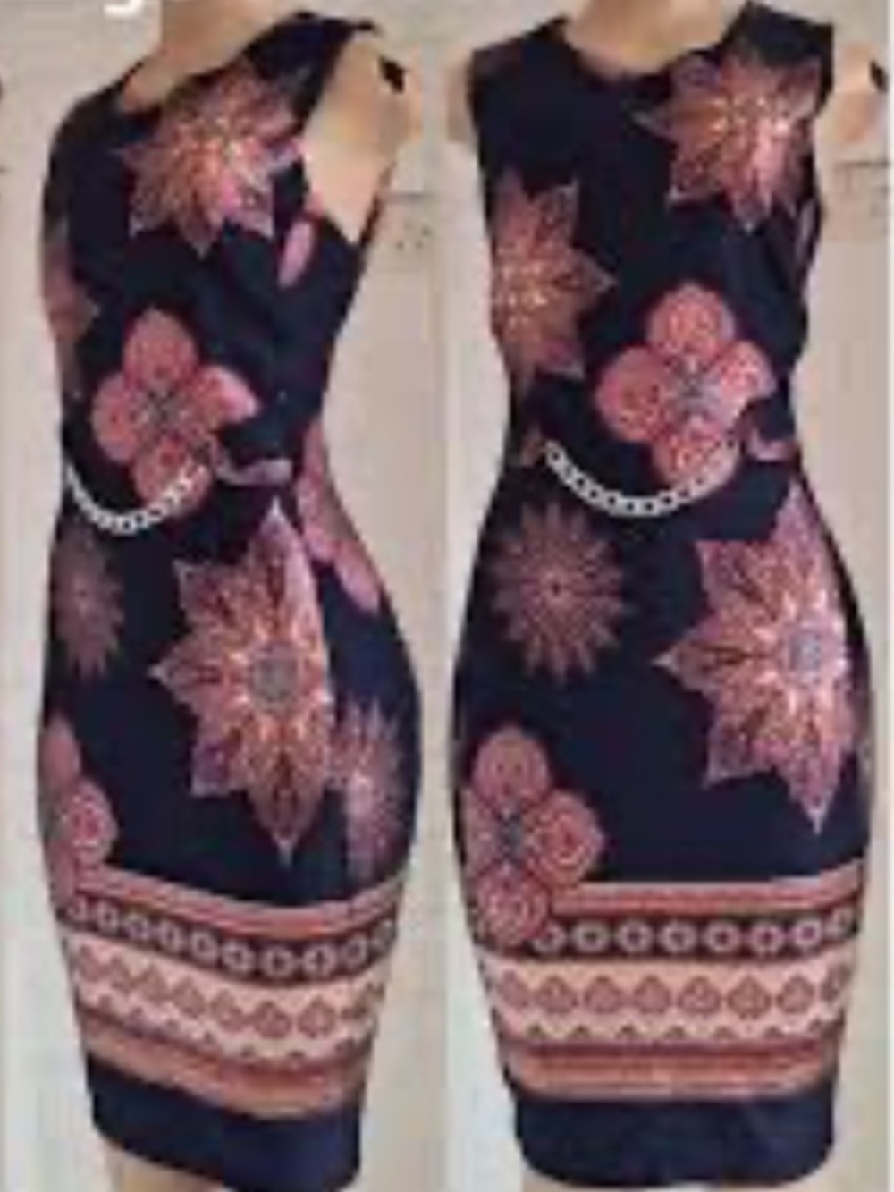 Enfocus Studio Navy Midi Dress with Pink & Gold Medallion Print